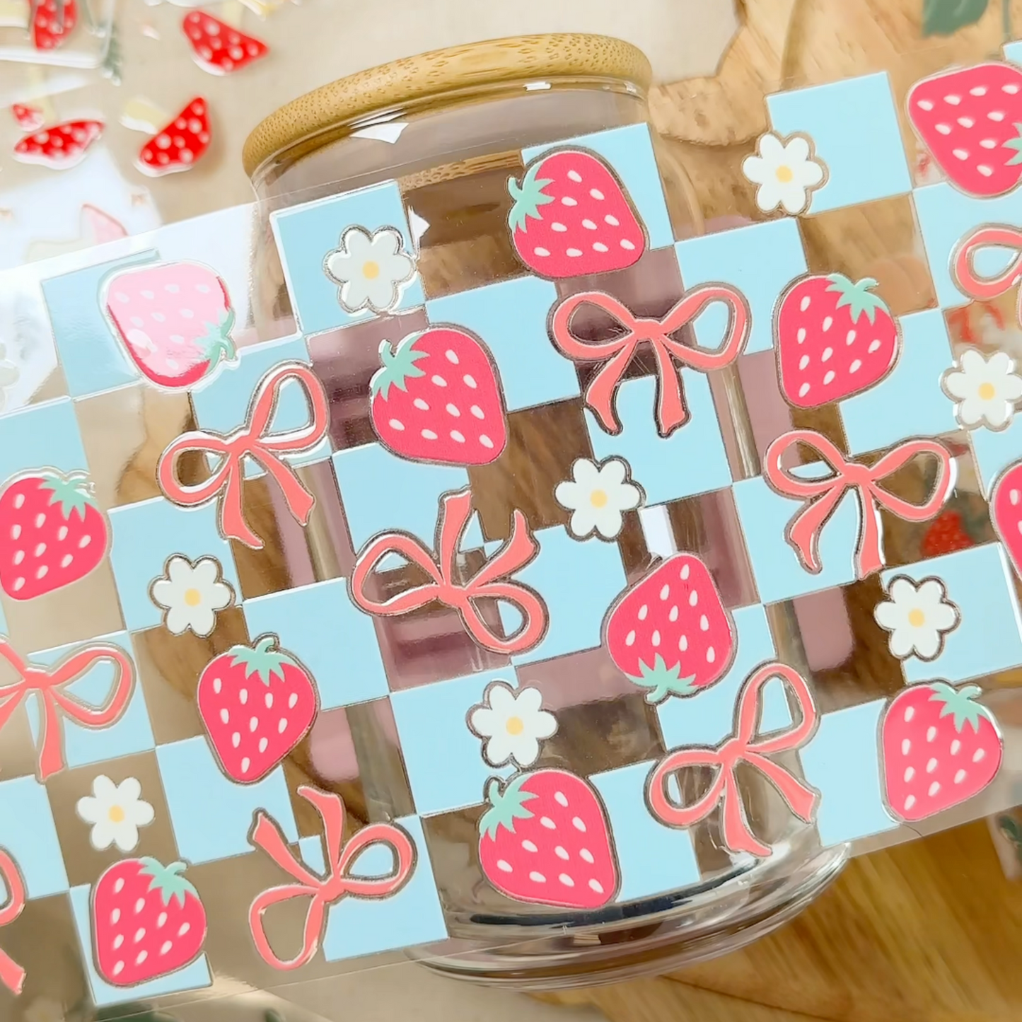 Strawberry Coquette Checker • UV DTF Cup Wrap